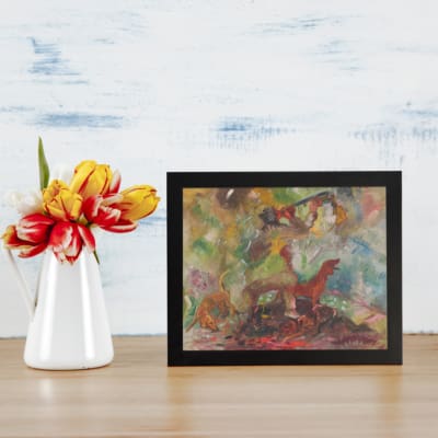 Infidu Vintage Abstract Wall Art with Dreamy Dog Figure, colorful and surreal design with soft brushstrokes and a misty background. displayed on the wall