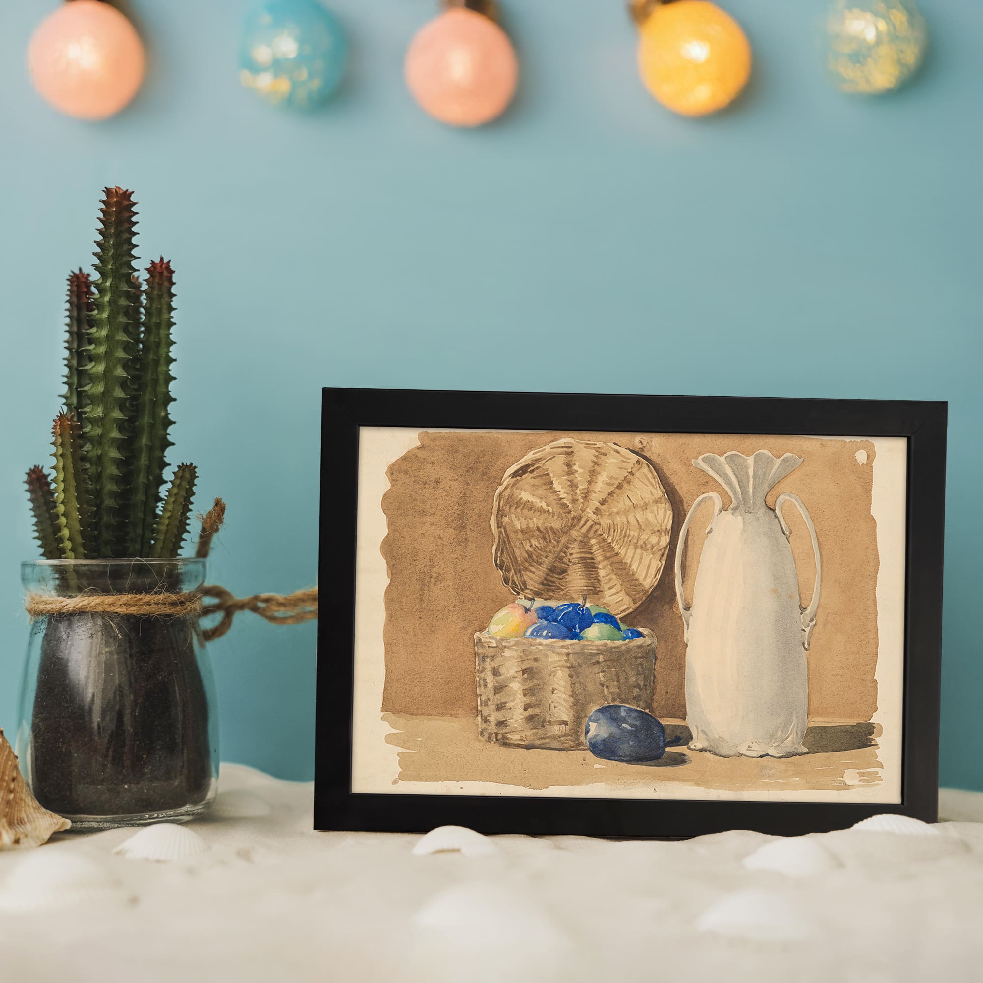 Vintage still life wall art with white ceramic vase, fruit basket, and soft earthy tones in beige and brown. displayed on the wall