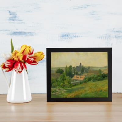 Infidu Vintage Countryside Landscape Wall Art featuring a charming village scene with green fields, trees, and a warm yellow sky. displayed on the wall