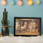 Vintage wall art of a cozy artist studio with maroon walls, easel, chairs, and natural light. displayed on the wall