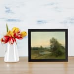 Infidu serene vintage nature wall art with pond, trees, and soft sunrise colors. displayed on the wall