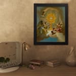 Vintage wall art of angels surrounding a glowing golden sacred symbol with soft clouds and light in the background. displayed on the wall