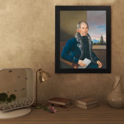 Vintage portrait wall art of an older man in a fur-trimmed coat holding a paper, with a window view and soft sky in the background. displayed on the wall