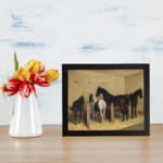 Vintage stable wall art with calm horses standing on hay in soft natural tones. displayed on the wall
