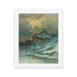 Vintage wall art of a snowy cottage on a hillside with bare trees, frozen stream, and soft blue tones in a peaceful winter scene. hung on the wall