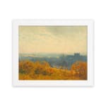 Vintage wall art of an autumn city view with golden trees, a hazy sky, and a soft, distant town skyline. hung on the wall