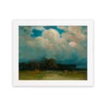 Vintage cloudscape wall art with soft pink, gray, and white clouds over a calm green landscape. hung on the wall
