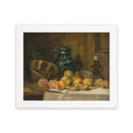Infidu classic still life vintage wall art with peaches, jug, and candle on a wooden table, perfect for warm, rustic dining room decor. hung on the wall