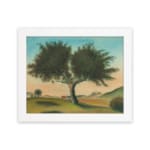 Vintage wall art of a lone tree in a peaceful landscape with soft green hills, distant hills, and a gentle blue and peach sky. hung on the wall
