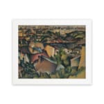 Cubist cityscape vintage wall art in warm earthy tones with abstract rooftops and buildings by Infidu. hung on the wall