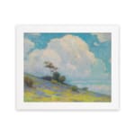 Infidu vintage wall art with blue sky, fluffy white cloud, green hill, and small trees in a peaceful outdoor landscape. hung on the wall