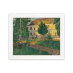 Vintage countryside house with trees and greenery wall art hung on the wall