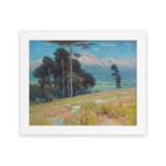 Vintage mountain landscape wall art with trees, flowers, and pastel colors creating a serene, calming atmosphere. hung on the wall