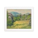 Vintage wall art featuring peaceful green fields, yellow flowers, and blue hills, creating a calming nature scene. hung on the wall
