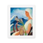 Vintage art of a woman with a flower and clay pot, set against a peaceful sky and mountains. hung on the wall