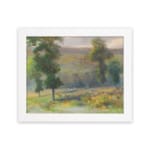 Vintage countryside wall art with yellow flower fields, tall green trees, and a soft cloudy sky in natural tones. hung on the wall