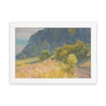 Infidu vintage wall art with peaceful mountain, grassy field, and soft natural colors in a calming countryside scene. hung on the wall