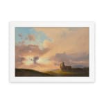 Vintage sunset countryside scene with soft colors, a small building on a green hill, and glowing rays of sunlight. hung on the wall