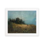 Serene vintage art of a deer in a peaceful nature landscape with soft browns, greens, and a misty atmosphere. hung on the wall