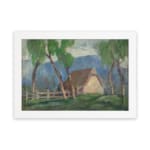 Vintage wall art of a countryside cottage with green trees and soft blue mountains. hung on the wall