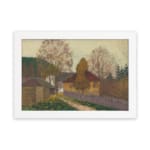 Vintage countryside autumn scene wall art with houses, colorful trees, and soft natural colors in a serene, peaceful setting. hung on the wall