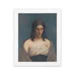 Infidu Vintage Portrait Wall Art of a Thoughtful Woman with soft beige and grey tones, featuring a calm expression and simple background. hung on the wall