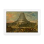 Infidu Vintage Spiral Tower and Dreamy Landscape Wall Art showing a spiral tower with small buildings, soft colors, and a dreamy sky. hung on the wall