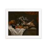 Infidu Vintage Still Life with Fruits and Animals Wall Art, showcasing a table with fruits, birds, and a rabbit, framed in dark tones. hung on the wall