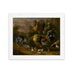 Vintage wall art of a farmyard scene with chickens, chicks, and a dog in earthy tones, evoking a cozy, rustic feel. hung on the wall