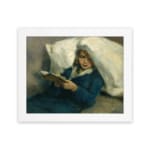 Infidu Vintage Wall Art of a girl peacefully reading with soft blue, white, and beige tones in a cozy, relaxed setting. hung on the wall