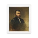 Vintage portrait wall art of a bearded man in a formal navy uniform with gold shoulder details and a smoky brown-gold background. hung on the wall