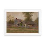 Vintage countryside wall art with rustic houses, tall trees, and soft earthy tones under a cloudy sky. hung on the wall