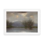 Vintage reflective landscape wall art with soft grays, blues, and greens, showing water reflections, bare trees, and low hills. hung on the wall