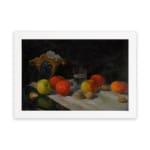 Infidu Classic Still-Life Fruit and Drink Vintage Wall Art with apples, oranges, grapes, and a clear glass on a dark background. hung on the wall