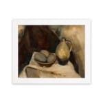 Vintage still life wall art with ceramic jug and bowl on white cloth, set against warm abstract background in earthy tones. hung on the wall