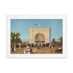 Vintage wall art of a 19th-century crowd in front of a grand white arch with flags, blue sky, and trees, framed in white. hung on the wall