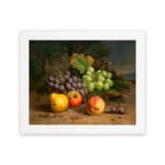 Vintage fruit still life wall art with grapes, apples, peaches, and plums on a rustic surface and dark leafy background. hung on the wall