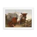 Vintage wall art of a red fox holding a bird in its mouth, set in a mountain landscape with rocky terrain and a pale blue sky. hung on the wall
