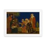 Vintage Nativity wall art showing Three Wise Men visiting baby Jesus under a dark blue sky with warm, rich colors and classic details. hung on the wall