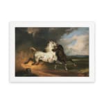 Vintage wall art of a white and dark brown horse in motion under a stormy sky with dramatic clouds and open fields. hung on the wall