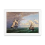 Vintage nautical wall art with two elegant sailboats on a deep green ocean under a dramatic sky. hung on the wall