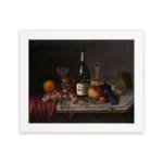 Infidu vintage still life wall art with fruit, wine, and glasses in rich warm tones on a dark background. hung on the wall