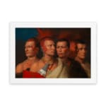 Vintage portrait of five Native American men in traditional attire, highlighting their cultural richness and detailed accessories. hung on the wall