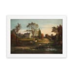 Infidu vintage wall art features a serene countryside scene with a charming house, tall trees, and a soft blue sky. hung on the wall on a white background