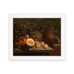 Classic still life vintage wall art with fruits and a rustic jug, showcasing rich warm colors and cozy, antique appeal. hung on the wall