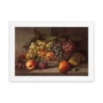 Rustic still-life painting of peaches, grapes, and pears in warm tones with a brown background and white frame. hung on the wall
