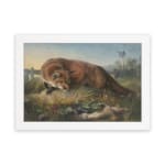 Vintage wall art of a fox crouched over a rabbit in a grassy countryside field with natural earthy tones and peaceful rural background. hung on the wall