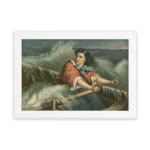 Infidu vintage wall art featuring a woman in period attire on a small boat amidst stormy seas with dramatic waves and a cloudy sky. hung on the wall on a white background