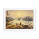 Vintage wall art of a fisherman by a calm lake at sunset with golden sky and soft reflections. hung on the wall