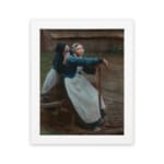 Vintage wall art of two women in traditional clothing by a wooden fence in a rustic countryside setting. hung on the wall